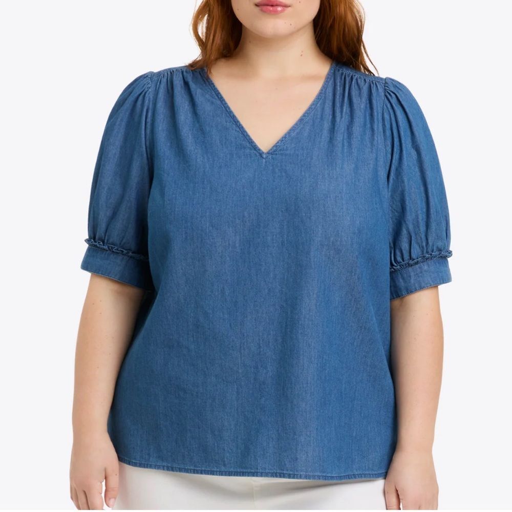 Draper James chambray Heidi v-neck puff sleeve Denim Blue Women's Top LG NWT